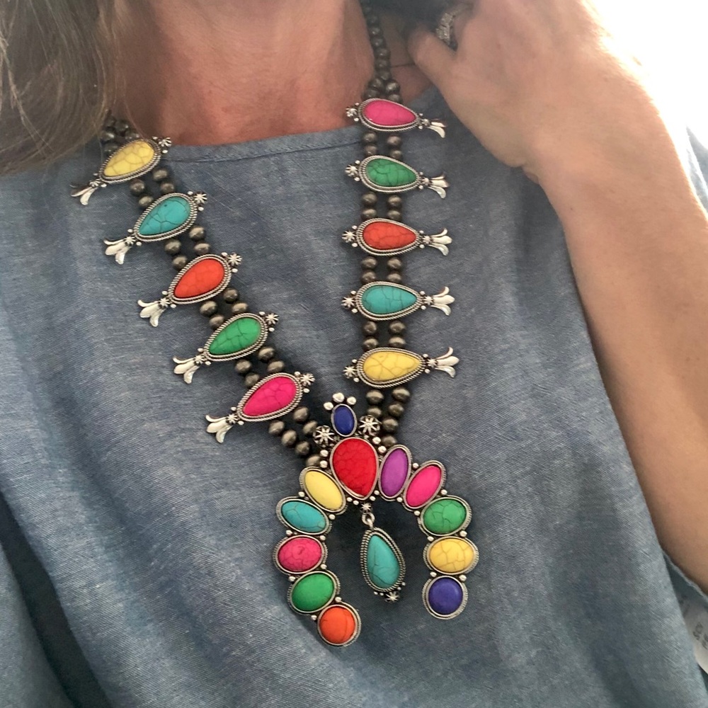 Multi color squash blossom statement necklace set